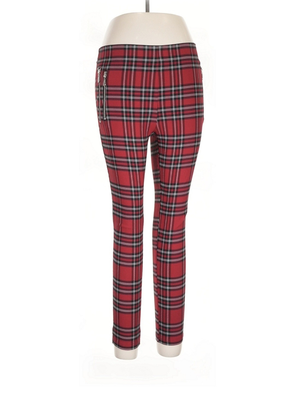 NEW Zara Red Plaid Alternative Ankle Pants Zipper Accents Large